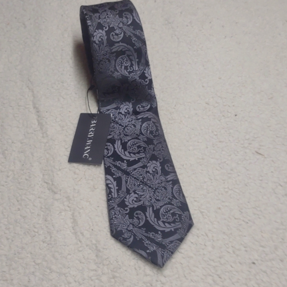 NWT Barry Wang 100% Silk Tie Silver Black Paisley Formal Wedding Necktie
